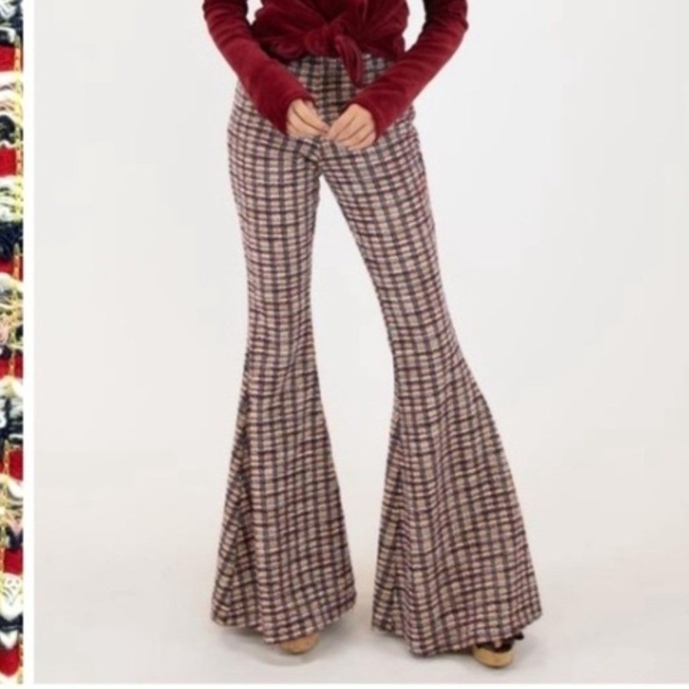 Judith March Galway Metallic Plaid Tweed Bell Bottom Flare Pants Multi Color Med